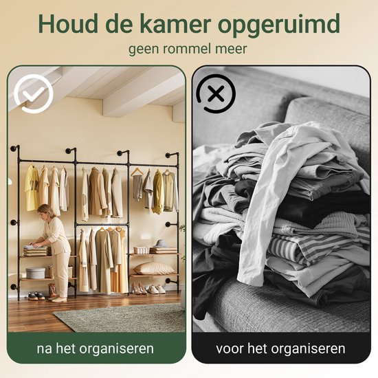 SoBuy wandgemonteerde kledingstang met 4 hangstangen en 4 MDF-planken, open kledingkast, draagvermogen 120 kg voor slaapkamer, 265x48x220 cm, industrieel zwart KLS19-SCH
