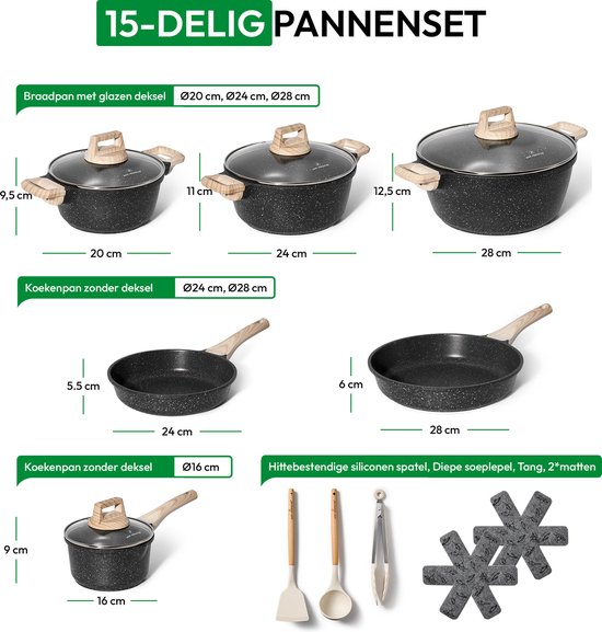 15-delige pannenset met antiaanbaklaag in zwart graniet Just Perfecto JL-27