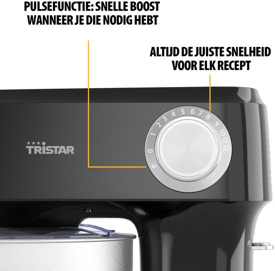 Tristar Keukenmachine 800W - Keukenrobot 4,5L - RVS mengkom - 12 programma's - Zwart