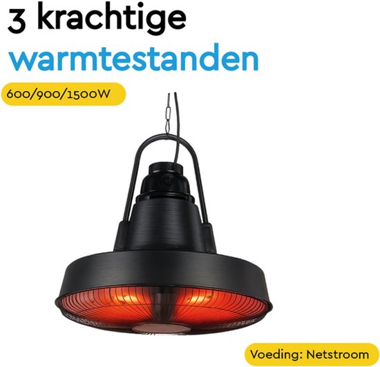 BRASQ Retro Elektrische Terrasverwarmer hangend – 3 warmtestanden – met afstandsbediening – IP24 -Spatwaterdicht - Voor binnen en buiten – 2000 W