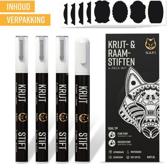 NAPI 4 Krijtstiften Wit - Afwasbaar - Raamstiften 3 & 6mm - Krijtstift Markers voor Krijtbord & Raam - Whiteboard Stiften - Whiteboardmarkers – Glasstiften - Krijtmarker - Porselein - Glas - Incl. 20 Stickers