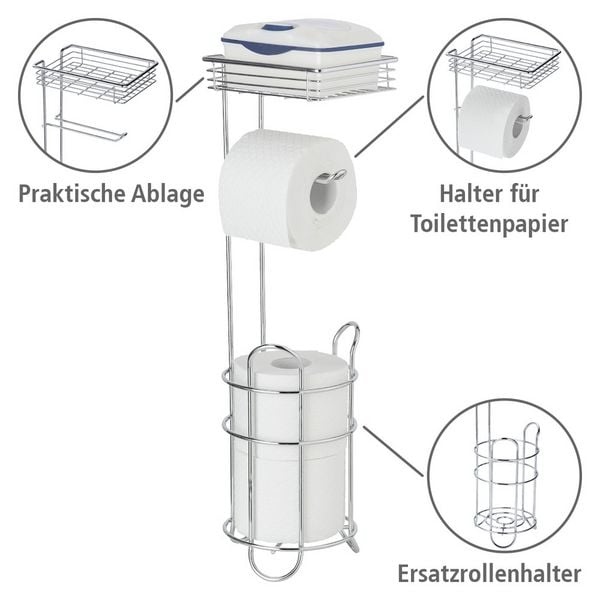 Staande Toiletrolhouder Chroom - Met Legplank en Reserverolhouder