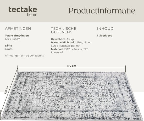 tectake® Vintage design tapijt - Dalia - Laagpolig vloerkleed voor woonkamer, kinderkamer, slaapkamer of hal - Wasbaar - Div. afmetingen - 120x170cm - grijs