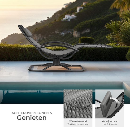 tectake® - Ligstoel Toulon - Ergonomische tuinstoel met schommelfunctie - Verstelbare ligstoel voor tuin, terras, balkon met hoofdkussen en comfortabele armleuningen - 120kg draagkracht - Grijs