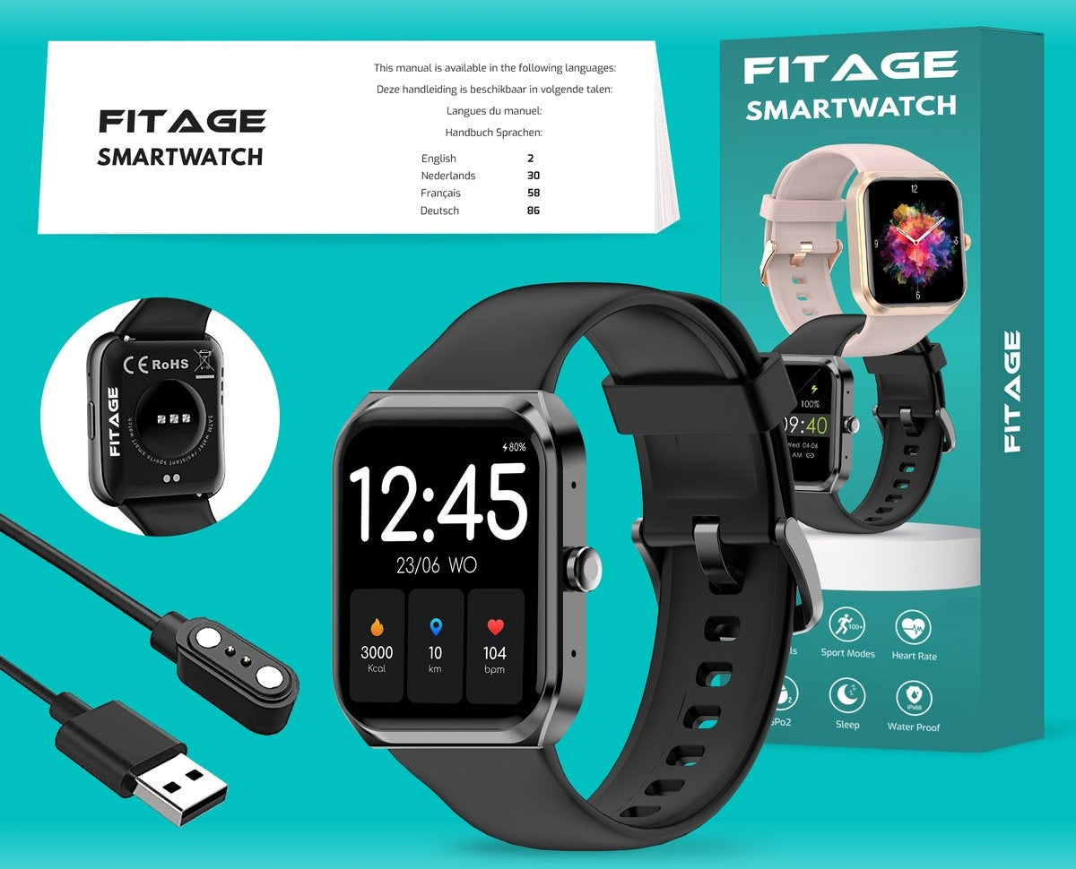 FITAGE Smartwatch - Smartwatches - Stappenteller - Sporthorloge - Smart watch - Activity Tracker - Dames en Heren - Zwart