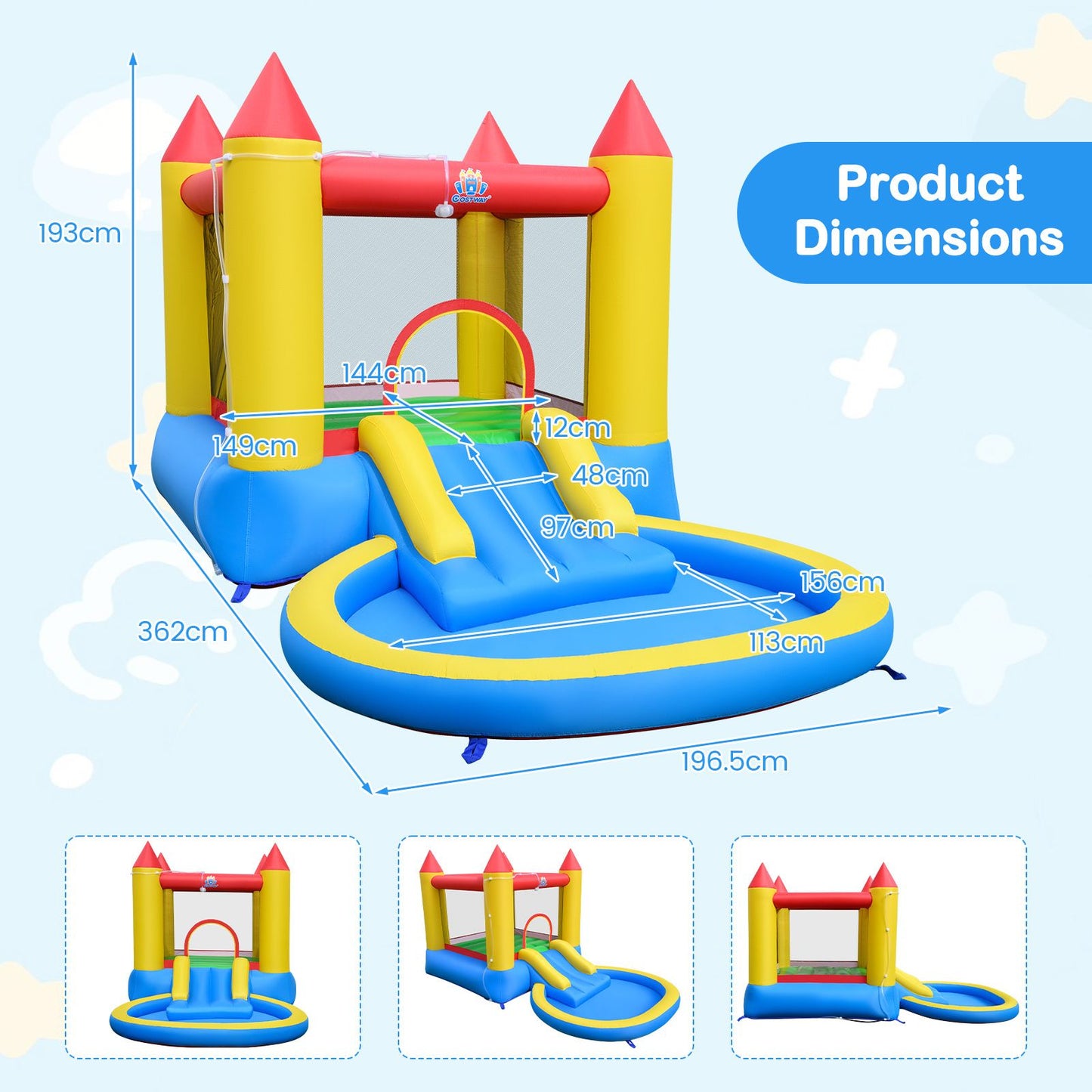 Coast 3-in-1 Opblaasbaar Springkasteel met Glijbaan en Ballenbad - 362 x 196,5 x 193 cm - Meerkleurig
