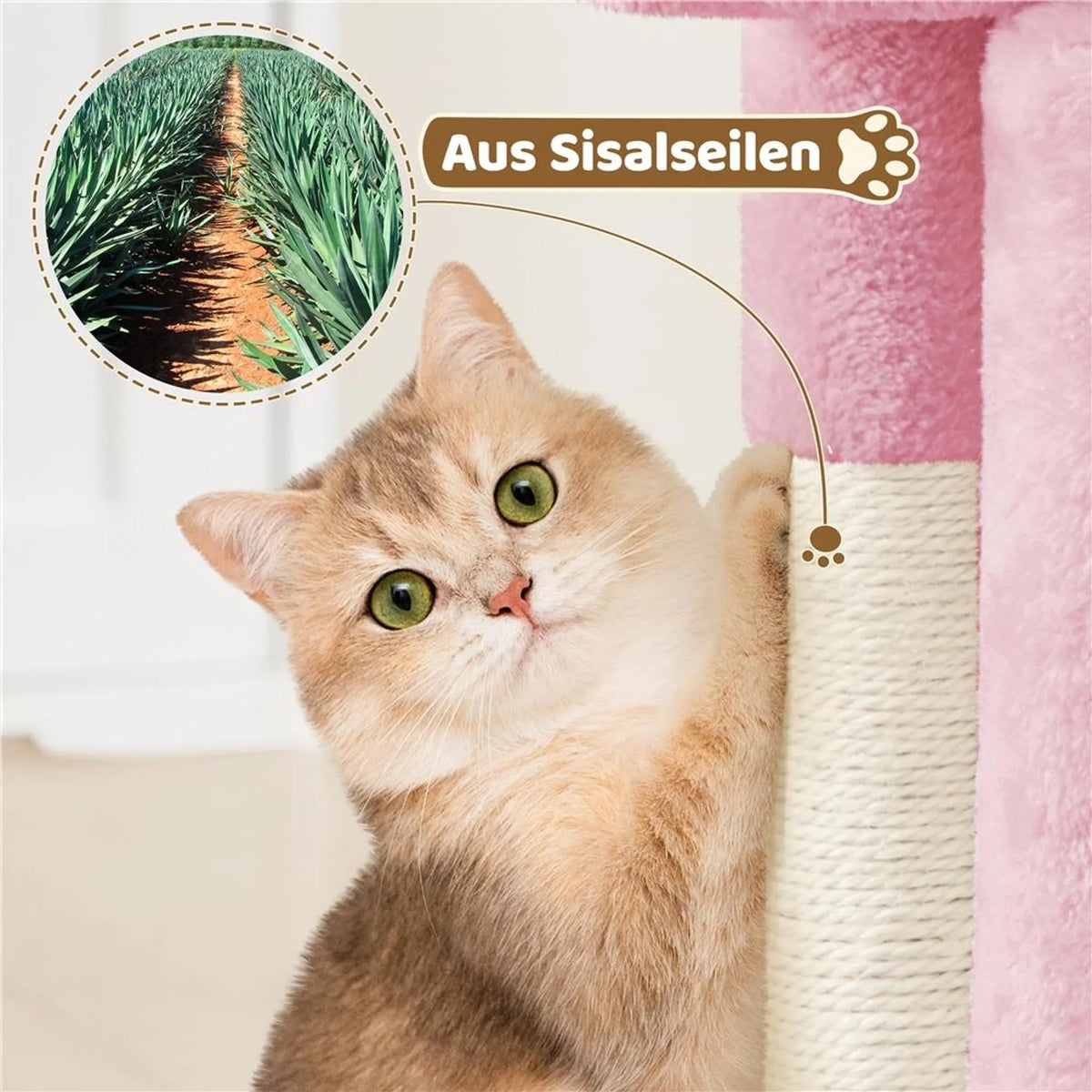 Yaheetech Krabpaal Met Hangmat – Voorzien Van Knus Kattenhol En Twee Sisalpalen En Zachte Ligplek – Voor Kittens En Kleine Katten – Lichtroze Pluche En Sisal – 40,5 x 40,5 x 59 cm