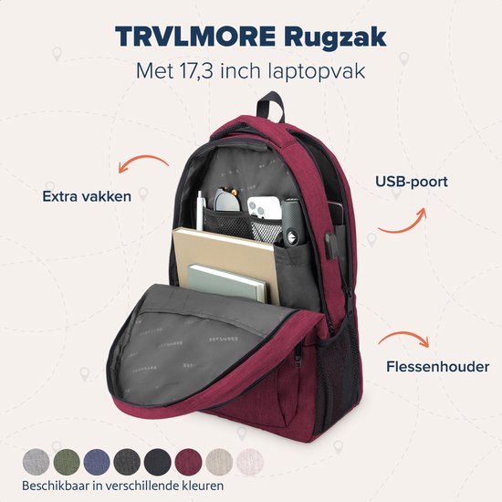 TRVLMORE Rugzak - Rugtas met 17,3 Inch Laptopvak - Schooltas - Spatwaterdicht - Heren en Dames - Jongens en Meisjes - 36L - Burgundy