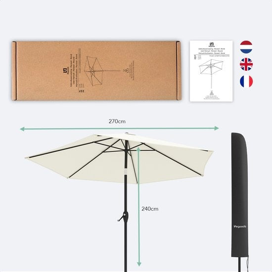LifeGoods Parasol - Ø270 cm - 30° Kantelbaar - Waterdicht - met Hoes - Crème