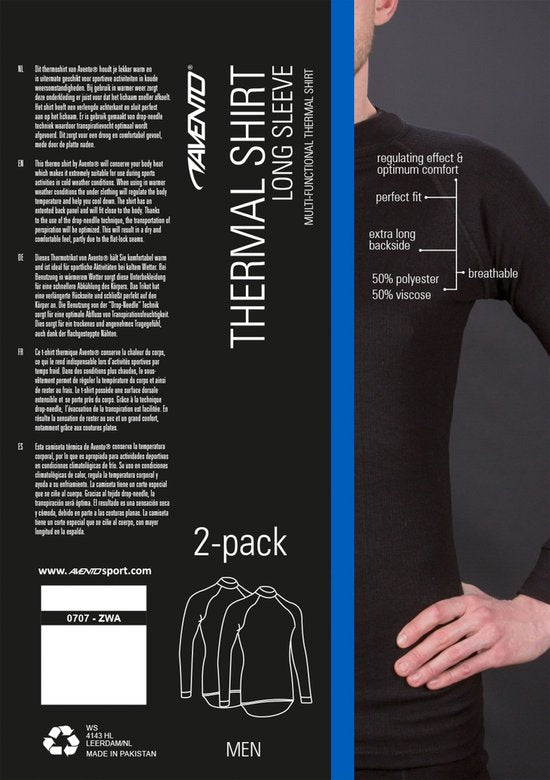 Avento Thermoshirt Lange Mouw - Heren - 2-Pack - Zwart - Maat L