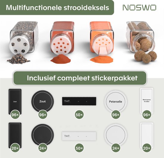 Noswo Kruidenrek Lade - Met 28 Potjes - Complete Set - Vierkant - Strooideksel en Labels - Kruiden Organizer - Keukenlade Organiser - Zwart