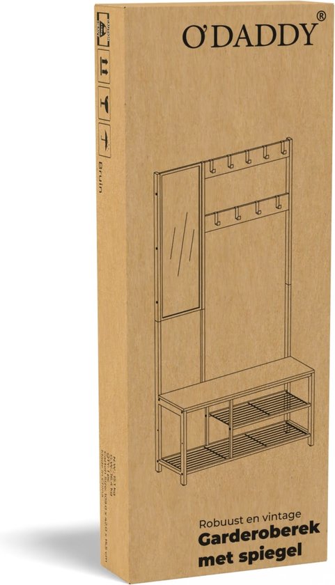 O'DADDY® Garderoberek Met Spiegel - Kapstok - Schoenrek - Kapstok staand - Vintage Look - Zwart en Bruin - Schoenenrek - kapstokken