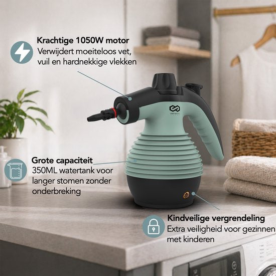 Infinity Goods Stoomreiniger - 12-in-1 Handstoomreiniger - Handstomer - Vlekkenreiniger - Tapijtreiniger - 10 Opzetstukken - 1050 Watt - 3.2 Bar - Groen