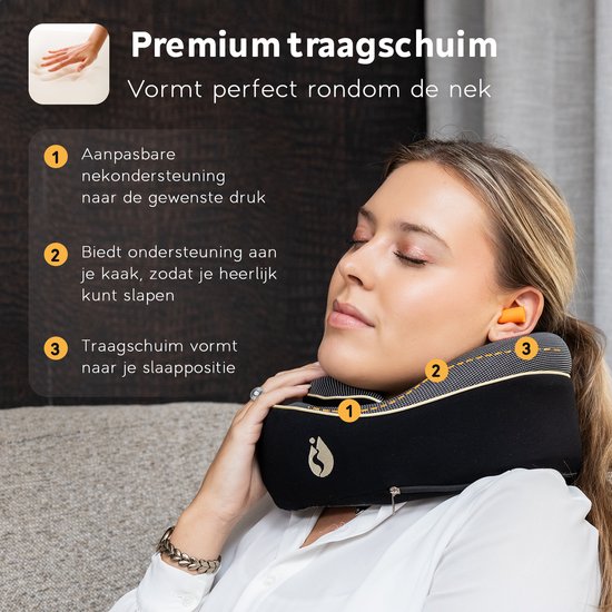 TRAVARA Nekkussen - Reiskussen - Voor Vliegtuig - Auto - Traagschuim - Memory Foam - Met Oordoppen - Zwart