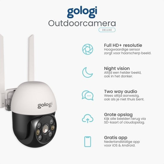 Gologi outdoor camera - Buiten camera met nachtzicht - Beveiligingscamera - IP camera - Security camera - 4x Digitale zoom - 3MP - Met wifi en app