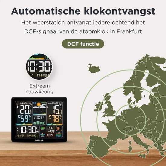 LONQ Weerstation Binnen en Buiten Q5 - Incl. Batterijen - Draadloos Weerstation met Buitensensor - Thermometer Hygrometer - Kleurendisplay - DCF Gestuurde Klok