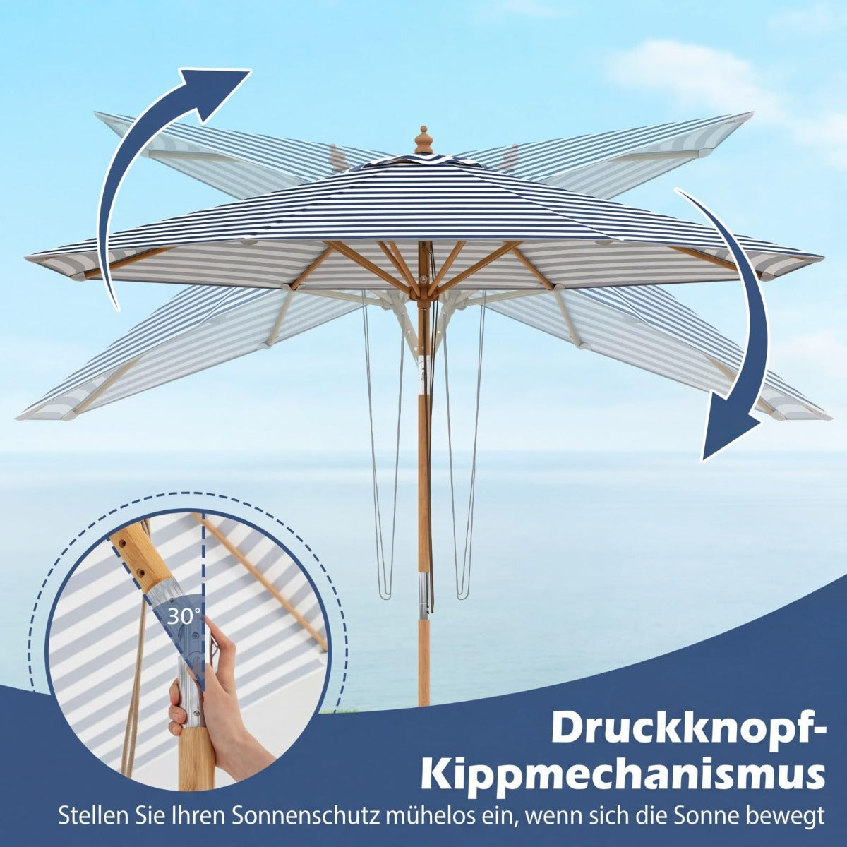 Coast houten parasol 270 cm - blauw/wit gestreept