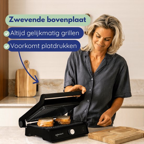 Safecourt Kitchen Tosti apparaat – Paninigrill en Tosti ijzer – Uitneembare PFAS-vrije platen & vaatwasserbestendig – Groot grilloppervlak – Snel warm – Contactgrill - Zwart