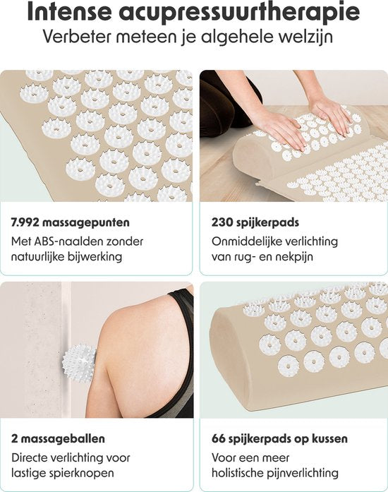 LifeGoods Acupressuur Mat met Kussen - Shakti mat - Spijkermat Incl. 2x Triggerpoint Bal - 66x40x2cm - Beige/Wit
