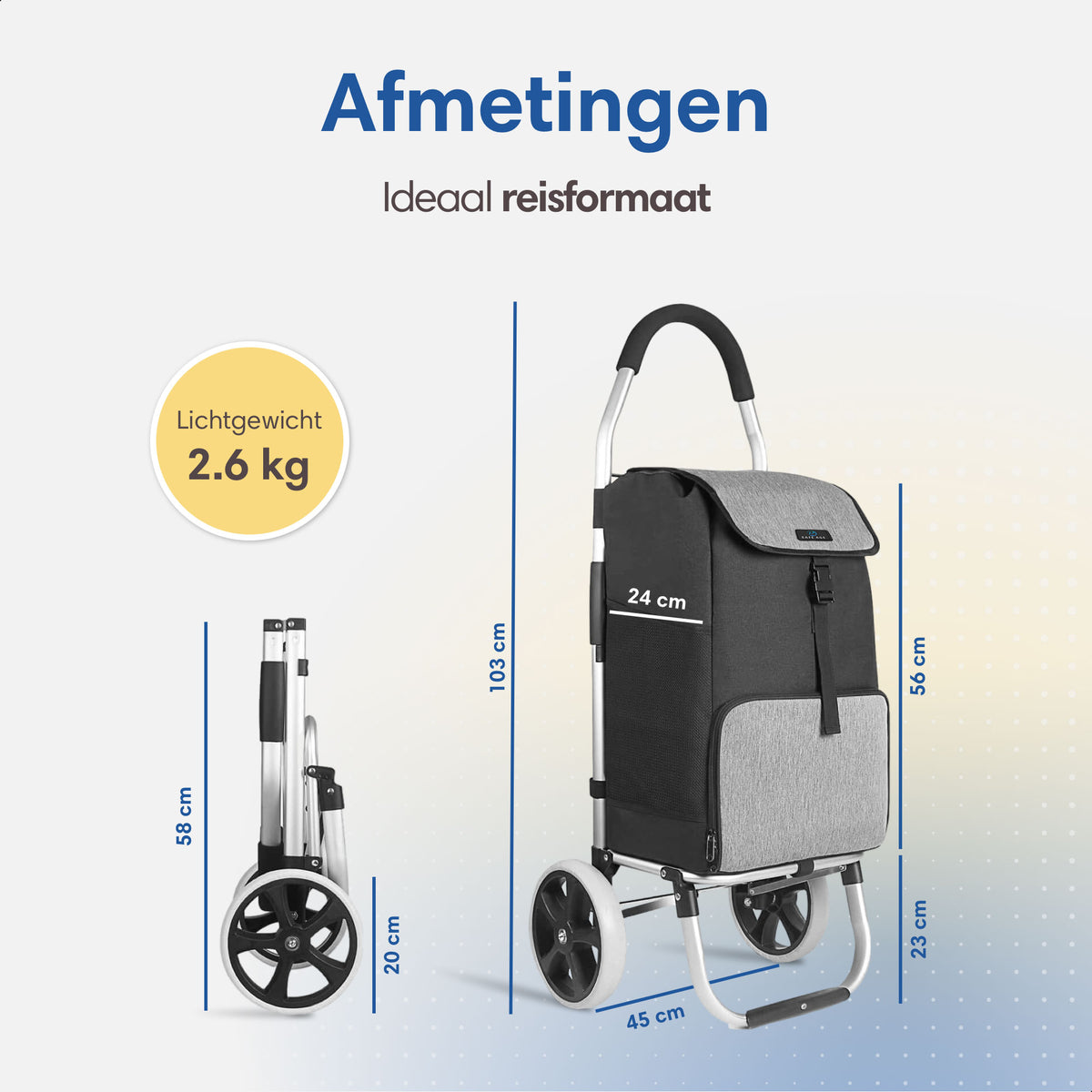 SafeLife Boodschappentrolley Grijs – 38 × 45 × 103 cm – Inklapbaar, Lichtgewicht & Met Koelvak