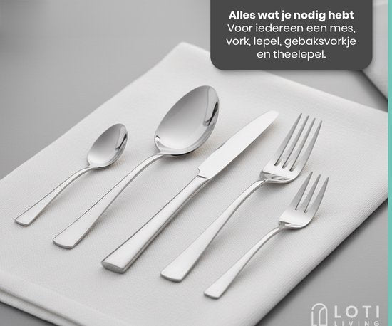 Loti Living Bestekset 30-delig - 6 personen - Bestekset 6 persoons - Lepels, messen, vorken, gebaksvorkjes - Vaatwasserbestendig bestek - Hoogwaardige Roestvrij Staal - RVS