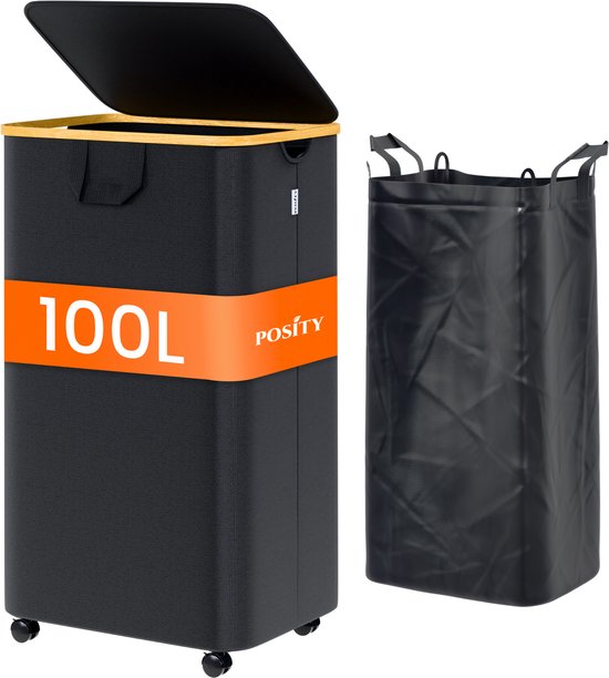 Posity Wasmand op Wielen – 100 Liter – Opvouwbaar – Wasmand Stof - Laundry Basket - Met Deksel & Handvaten - Bamboe - Incl. Waszak - Zwart