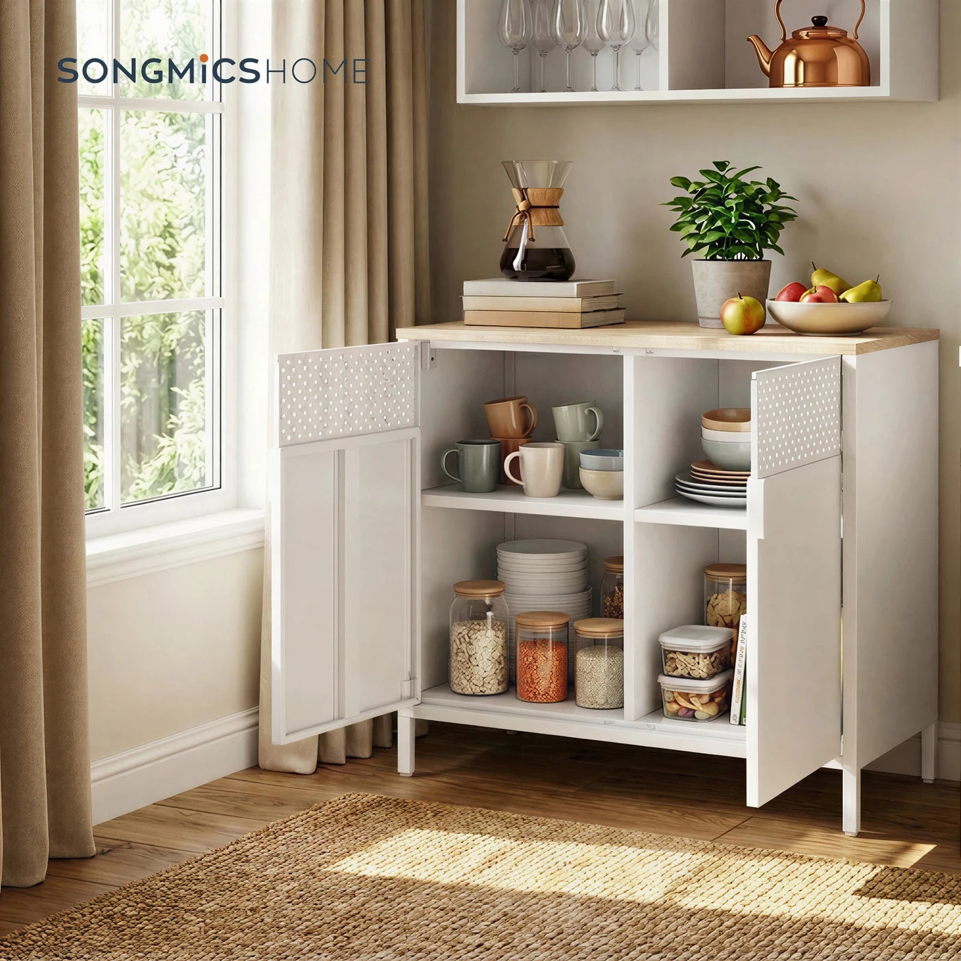 Ochama Metalen Opbergkast 80 x 40 x 76 cm - Dubbele Deuren - Verstelbare Plank - Mat Wit en Kameelgeel