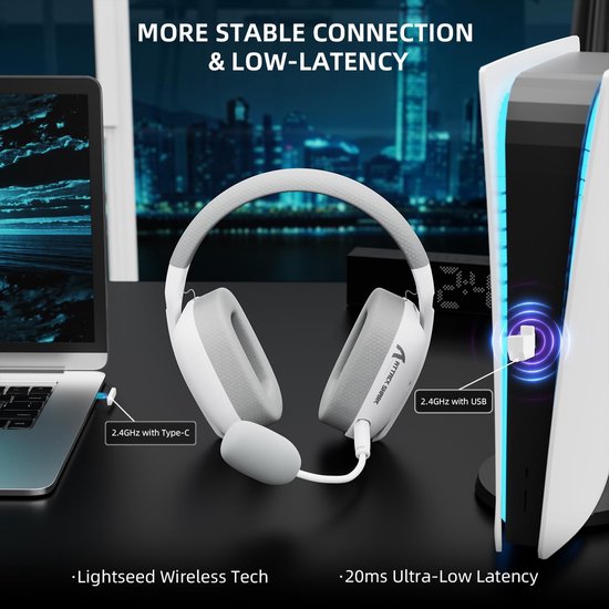ATTACK SHARK L80Pro - 2.4GHz Draadloze Gaming Headset - Lichtgewicht - Bluetooth koptelefoon - Multiplatform - Geschikt voor PS4/PS5, Nintendo Switch - Wit