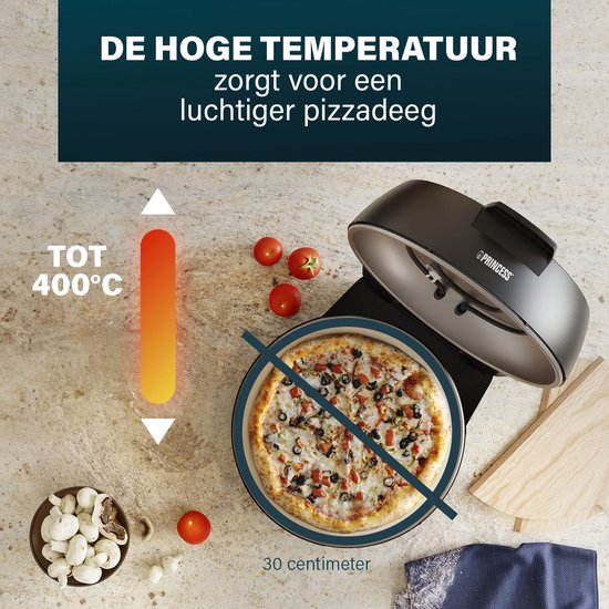 Princess 115005 Pizzaoven - Pizzamaker en oven - Regelbare thermostaat en timer - 1200W - Keramische pizzasteen - 410 graden - diameter 30cm - Zwart