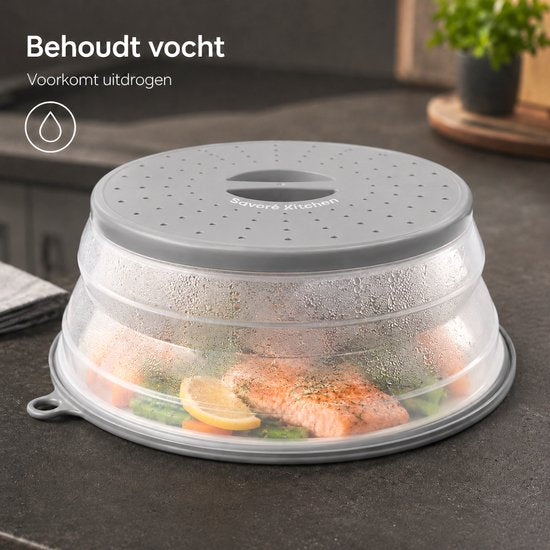 Savoré Kitchen Magnetron Deksel 27 cm - Inklapbaar - met Stoomopeningen - BPA-Vrij - Transparant & Grijs