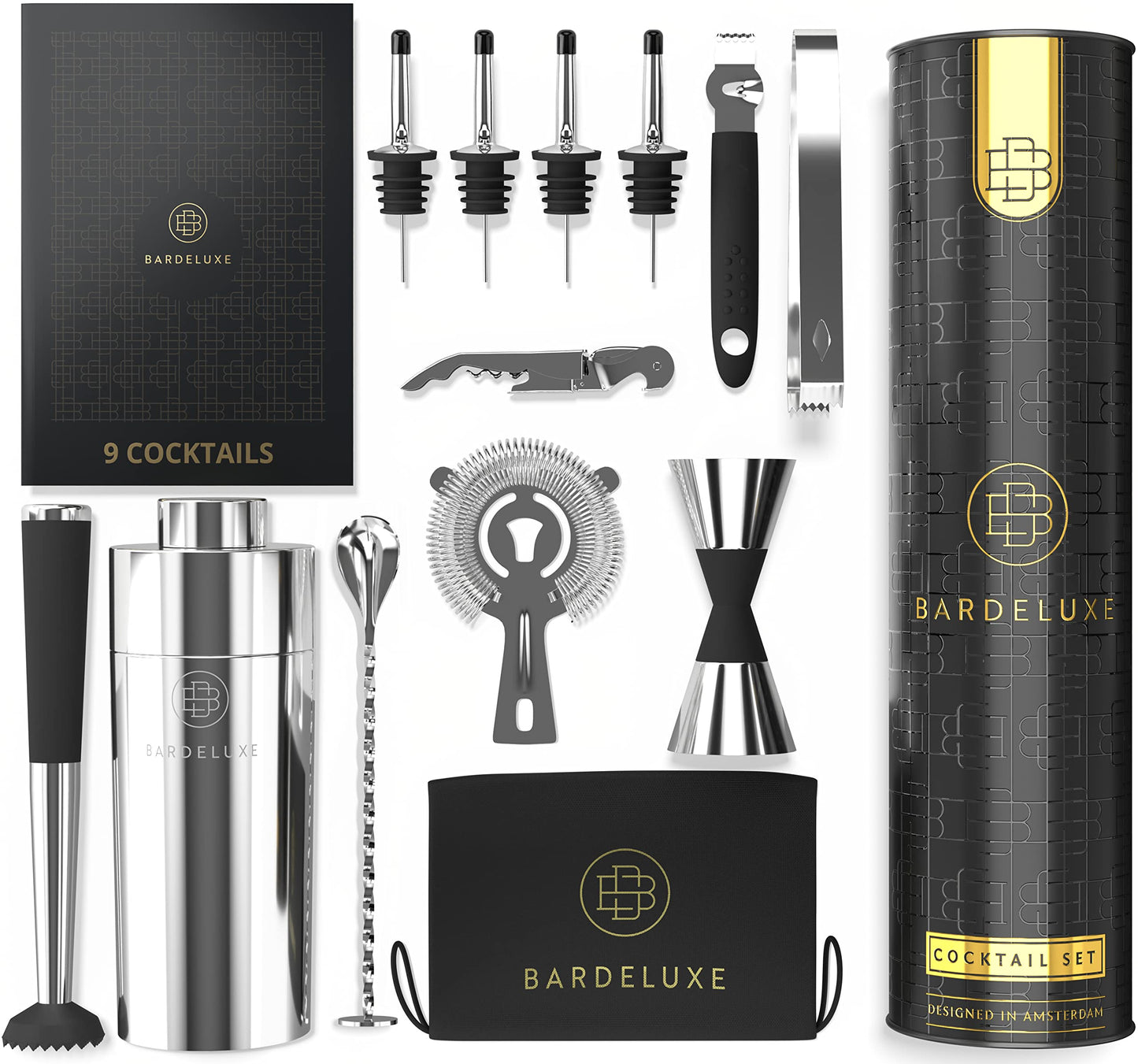 BarDeluxe Professioneel cocktail set - 12 delig - 750 ml shaker - 304 RVS - zilver