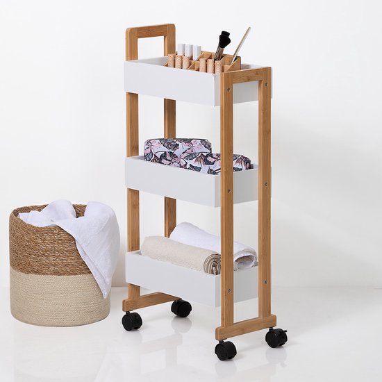 Keuken trolley 3-laags - bamboe hout - wit/bruin - 41 x 20 x 80 cm - badkamer