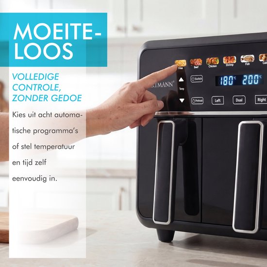 Dubbele Airfryer XXL 11L - PFAS-vrije Heteluchtfriteuse - Infrarood - Dual Zone - 2 x 5.5L - 40–200°C - 8 Kookprogramma's - 2850W - WM-2511 AF - Zwart