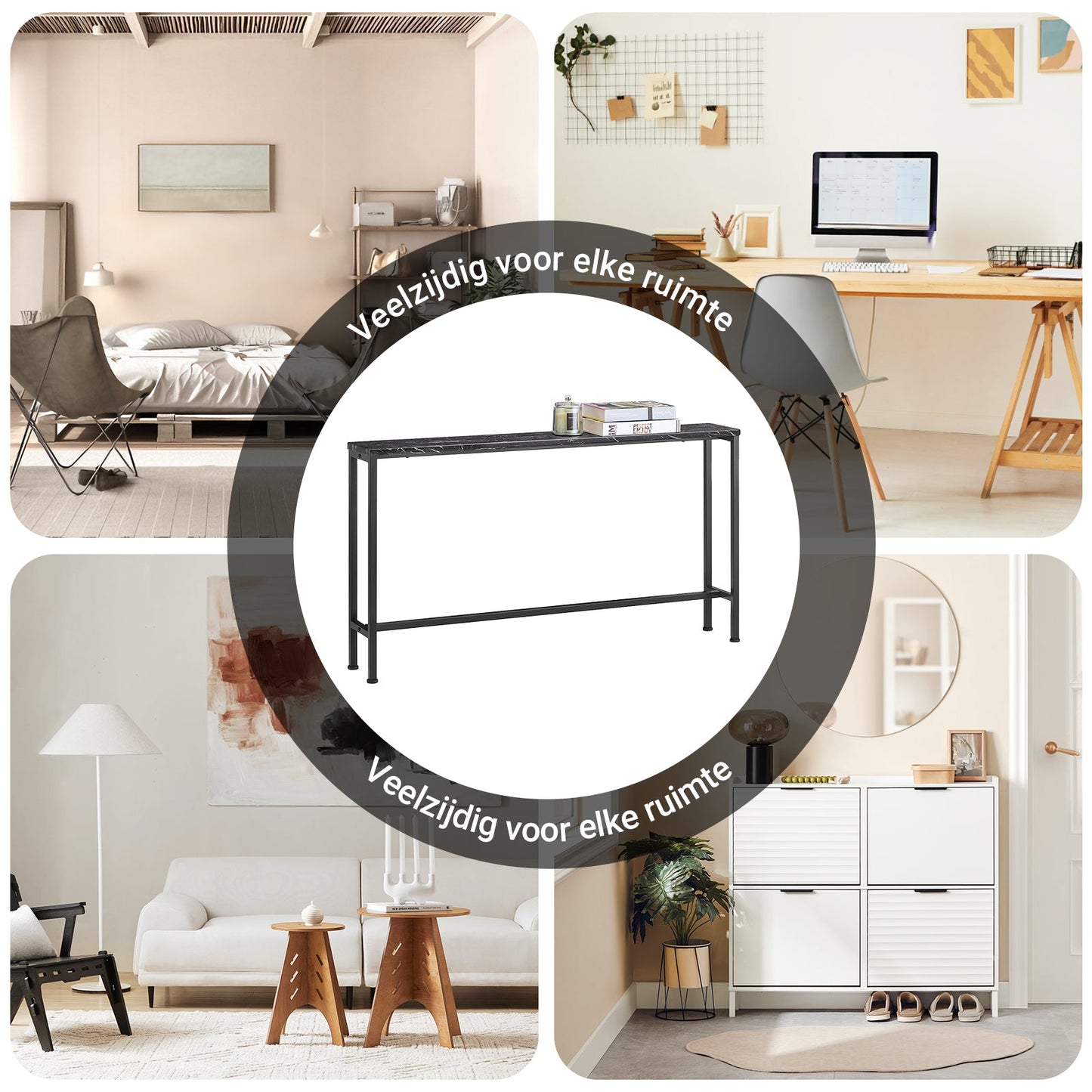 Sobuy Consoletafel FSB19 SCH Bijzettafel – 120 cm Lengte Met Marmerlook Blad En Zwart Metalen Frame En Vloerbeschermers – Voor Hal En Woonkamer – Hout En Metaal – 120 x 20 x 65 cm
