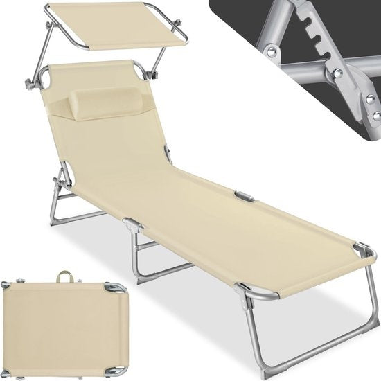 tectake® - ligstoel, robuust, verstelbaar, stalen onderstel met zonnescherm, 4-standen rugleuning inclusief hoofdkussen, strandstoel Ideaal voor tuin, zwembad, camping– beige - 68 x 190 x 28 cm