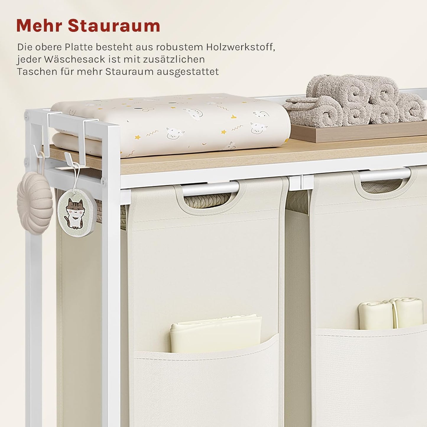 WOLTU - Wasmand met 3 vakken 3x40 l - Was sorteerder met plank - Wit en licht eiken 96 x 71 x 30 cm