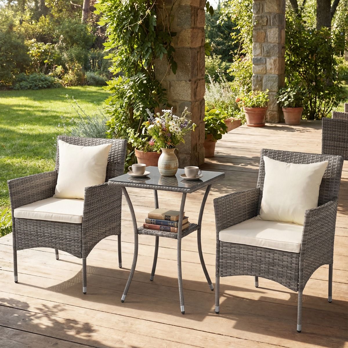 Coast 3-delige tuinset - 2 rotan tuinstoelen met kussens - bijzettafel met gehard glas - grijsmix