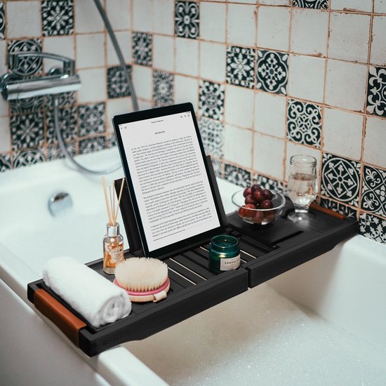 RelaxTub® Badplank - Badplank voor in Bad - Badrek - Verstelbaar - Anti Slip - Badplank Zwart - Badplank Hout - Badrekje inclusief Boekenhouder, Tablethouder & Spiegel