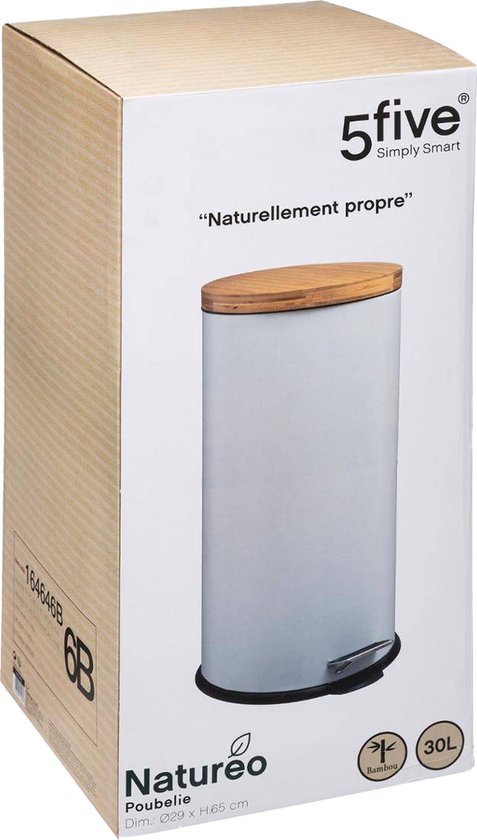 5Five prullenbak/pedaalemmer Bamboe - wit - metaal - 30 liter - 38 x 29 x 60 cm - keuken