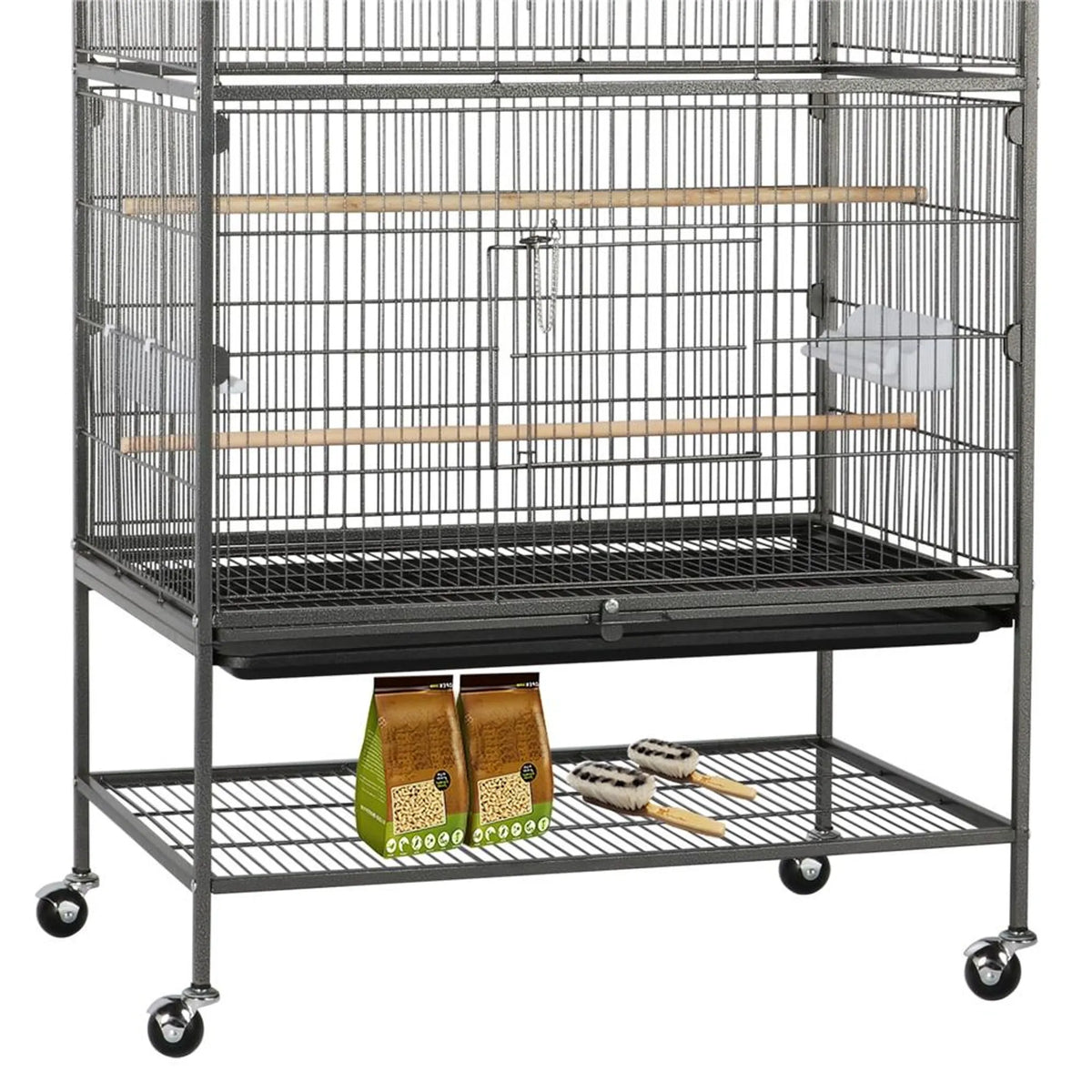 Yaheetech Vogelkooi XXL Met Verrijdbaar Onderstel – Voorzien Van Beveiligde Deur En Opbergplank En 3 Houten Zitstokken – Voor Papegaaien En Kaketoes – Zwart Metaal – 79 x 52 x 132 cm
