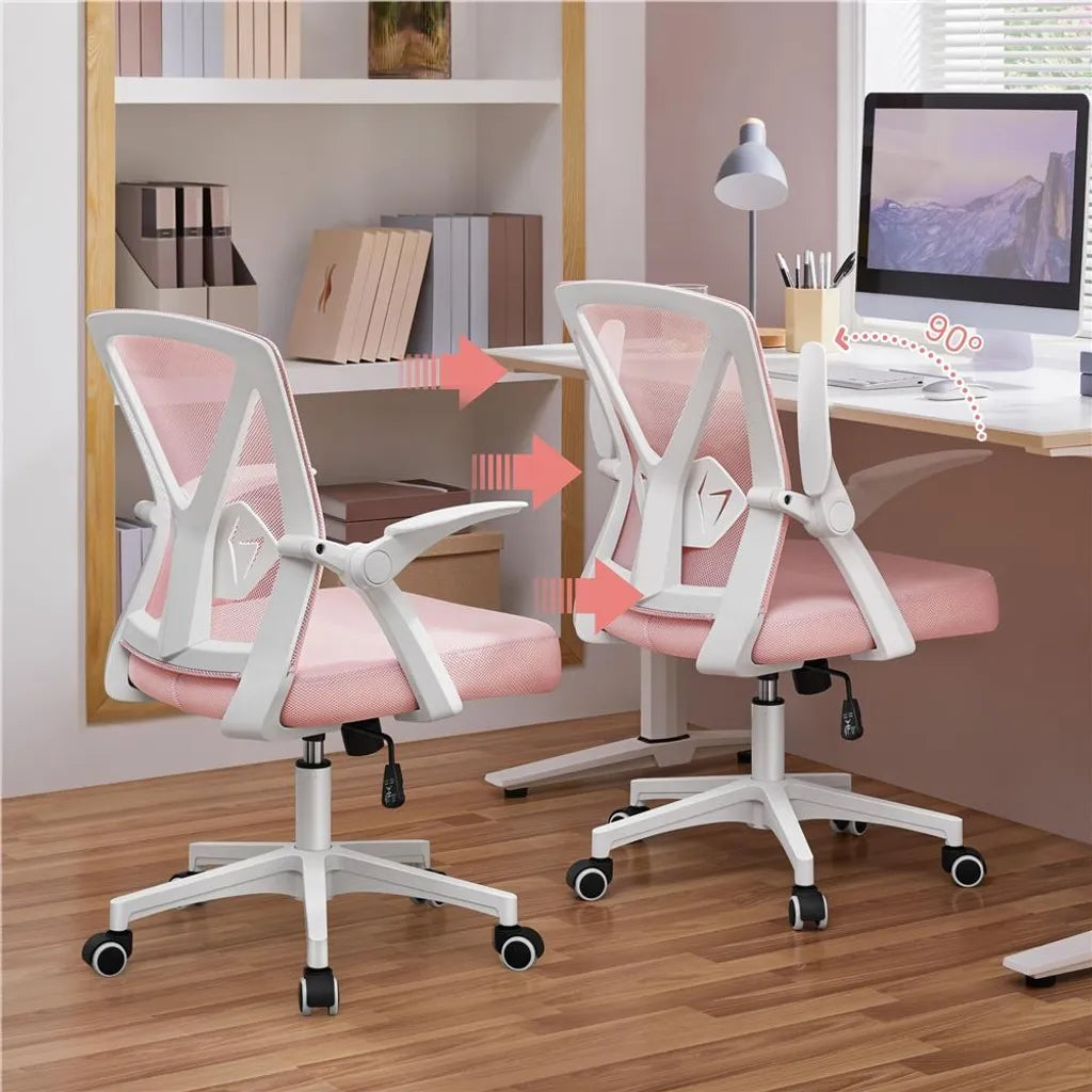 Yaheetech Ergonomische Bureaustoel Verstelbaar 59 x 57,5 x 90-100 cm - Roze - Mesh Bureaustoel met Opklapbare Armleuningen en Lendensteun