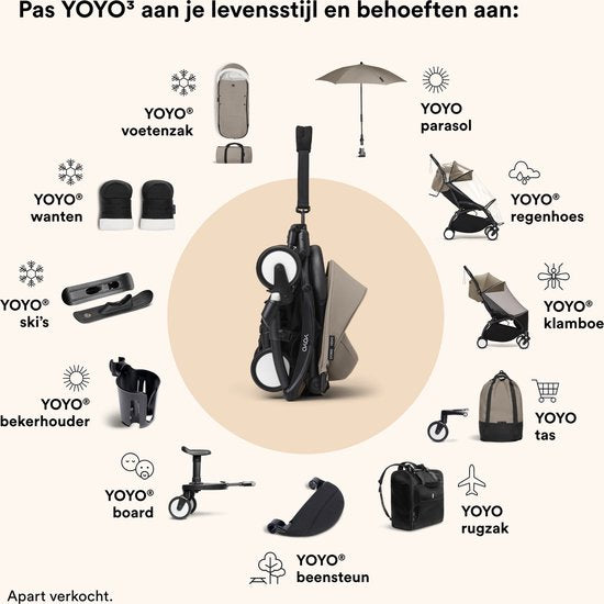 Stokke YOYO 6+ Kleurpakket, Taupe - Textiel: zitkussen, uitschuifbare luifel en achterzak met ritssluiting - Voor het YOYO-frame (los verkrijgbaar)