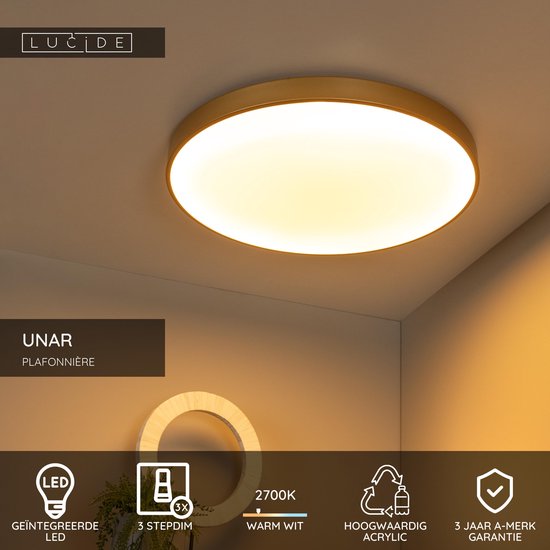 Lucide UNAR - Plafonnière (Plafondlamp) - Ø 60 cm - LED 3 StepDim - 1x60W 2700K - Mat Goud / Messing