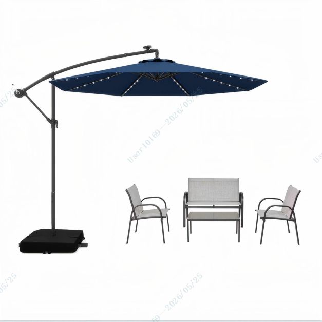 5-delige Tuinset met 3 m Zweefparasol en LED Verlichting - Blauw/Grijs
