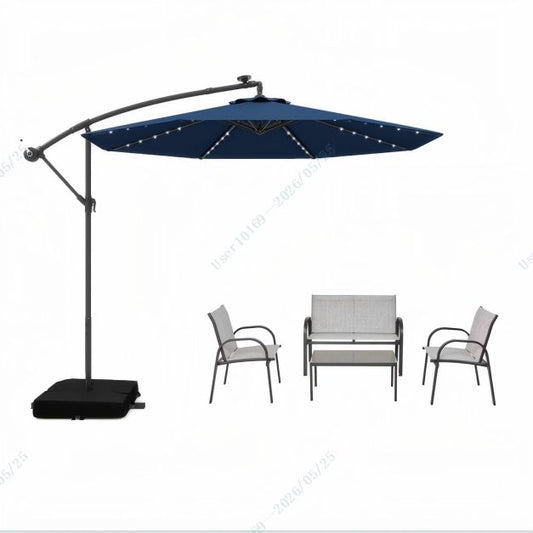 5-delige Tuinset met 3 m Zweefparasol en LED Verlichting - Blauw/Grijs