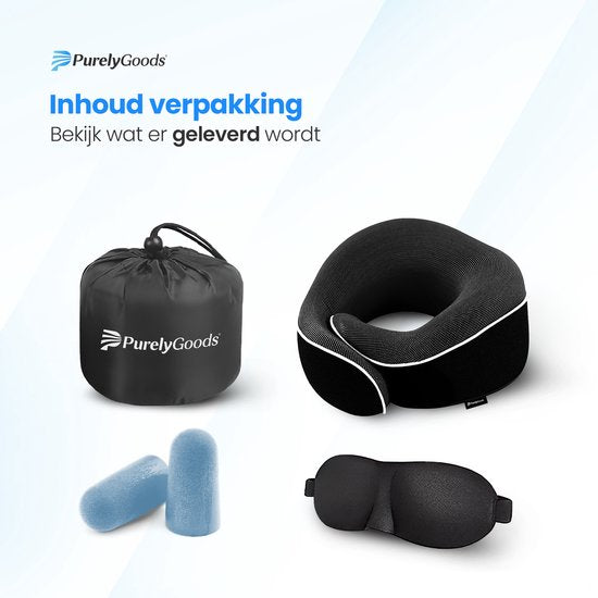 PurelyGoods® Nekkussen - Luxe Reiskussen Set - Traagschuim - Memory Foam - Vliegtuig & Auto - Zwart - Incl. Slaapmasker en Oordopjes