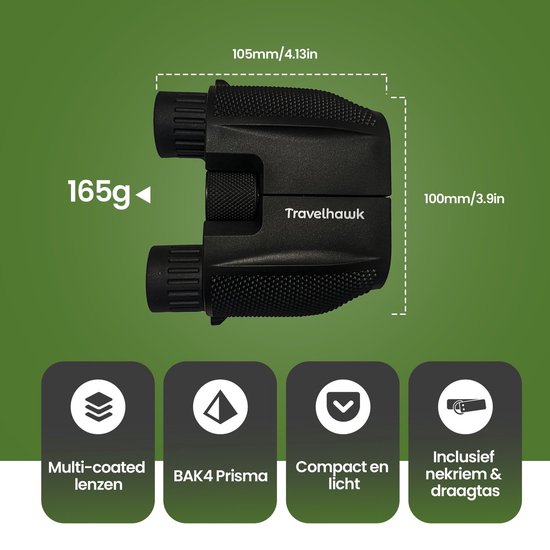 TravelHawk Verrekijker - 10x25 - BAK4 - Full Multi-Coated (FMC) - Compacte verrekijker - Waterdicht - Met nekkoord, draagtas - voor vogels kijken, jagen, theater - Zwart