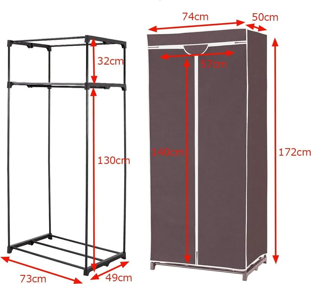 Kledingkast Stoffen Kast Vouwkast Textielkast Campingkast Stoffen Kledingkast Vouwkledingkast met Kledingstang 172 x 74 x 50cm (Bruin)