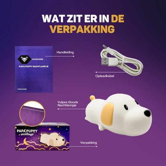 Vulpes Goods® Nachtlampje Kinderen - LED Licht & 8 Kleuren – Nachtlampje Babykamer – Puppy – USB-Oplaadbaar – Dimmer – Timer – Draadloos - Kindvriendelijk