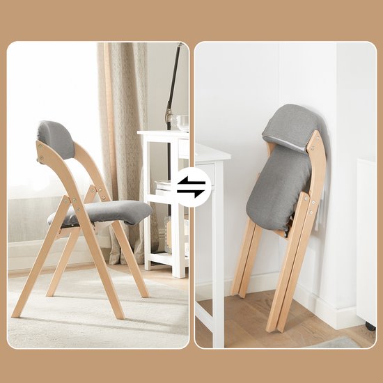 SoBuy Set van 2 Klapstoel, Bureaustoel met Gestoffeerd Zitkussen, Eetkamerstoel, Natuur/Grijs, 47.5x77x59 cm, FST92-Nx2 - voor eetkamer, balkon of kantoor